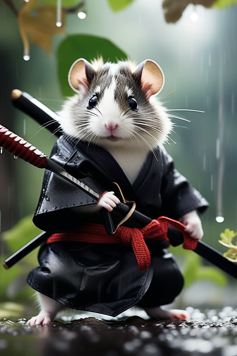 Detailed realistic features of a Black and white Ninja Hamster wearing traditional shinobi garments, holding Japanese sword, detailed dragon hilt. Hamster with sword holding to attack, ninjas blended with the trees and vines in the surrounding area, blurry, dreary  background, raining heavily, hero stance 