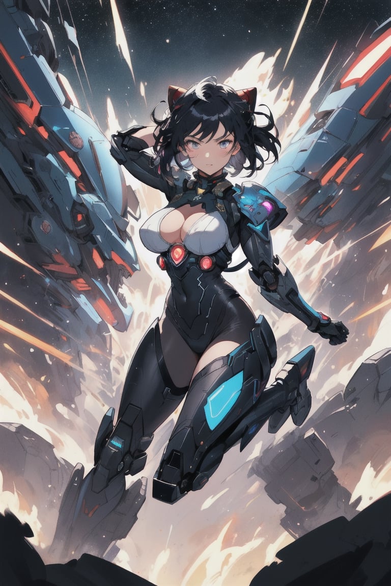 Super Sexy Superheroines, ultra-detailed, 
((High resolution)),((high detailed)), cowboy shot, photorealistic, masterpiece, official art, futuristic space background, blur backgound, raw photo, best quality, 8k resolution, Blue Neon armor, fighting stance, sole_female, character focus, 22 years old, black hair, in flight,  short hair, two buns, resemble  Asuka Langley, mecha, mechanical girl, red neon light exosuit, neon genesis evangalion, mechanical pilot suit, beautiful eyes, (delicate face), perfect detail, arms crossed in a defensive stance, perfect feet, sexy legs, large breasts, large breasts plate, nice boobs, lots of exposed skin, full body, cleavage cutout, torn clothing, torn armor, damaged armor, dirty armor, wounded face, dirty face,
cinematic lighting, dark studio, ((hyper detailed face)),((hyper detailed eyes)),(((exposed thighs))), 3DMM, Mecha_Black_RX, cyborg style,  explosions behind 