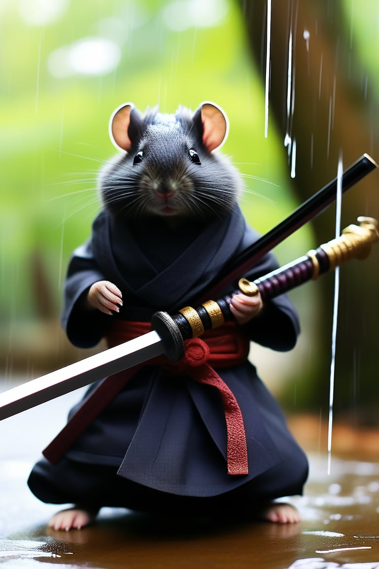 Multiverse Black Hamster Ninja, wearing traditional shinobi garments, holding Japanese sword, detailed dragon hilt. Hamster with sword is blended with the trees surrounding area, blurry background, raining heavily 