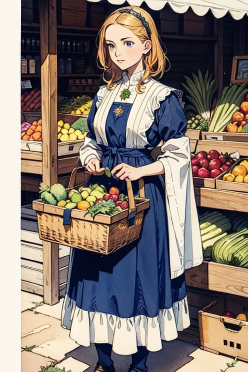 A medieval girl in traditional dress, vegetables and fruits, at a farmer's market, mysterious medieval, masterpiece,High detailed,watercolor,simplecats,swedish dress