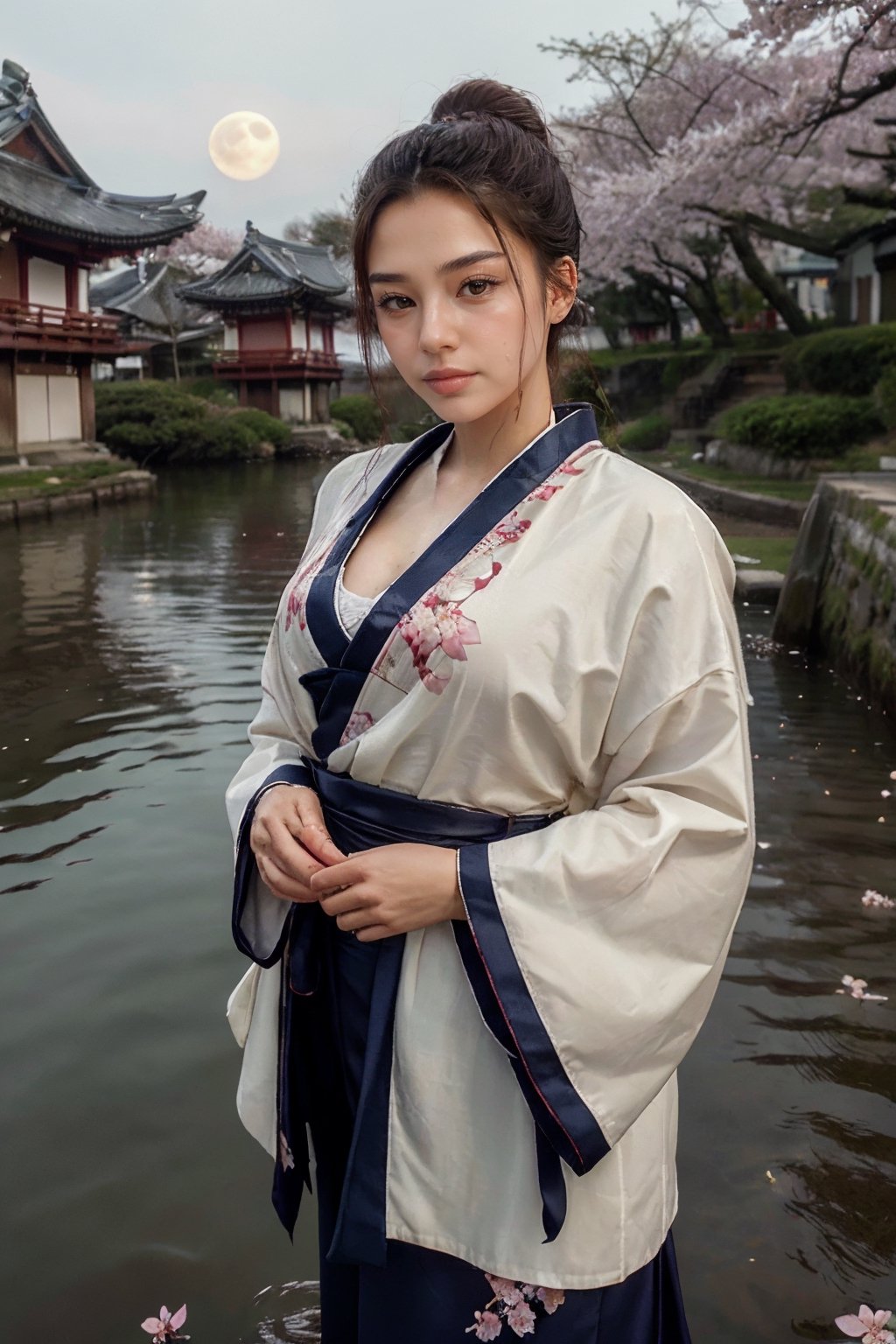 (masterpece:1.3),(best quality:1.3),stunningly beautiful girl,breathtaking,intricate details,absurdres,highres,ultra detailed,highest quality,amazing details,looking at viewer, water, moon, partially submerged, cherry blossoms, bad weather, 1girl,solo, standing, cowboy shot, kimono, east asian architecture,n1l4