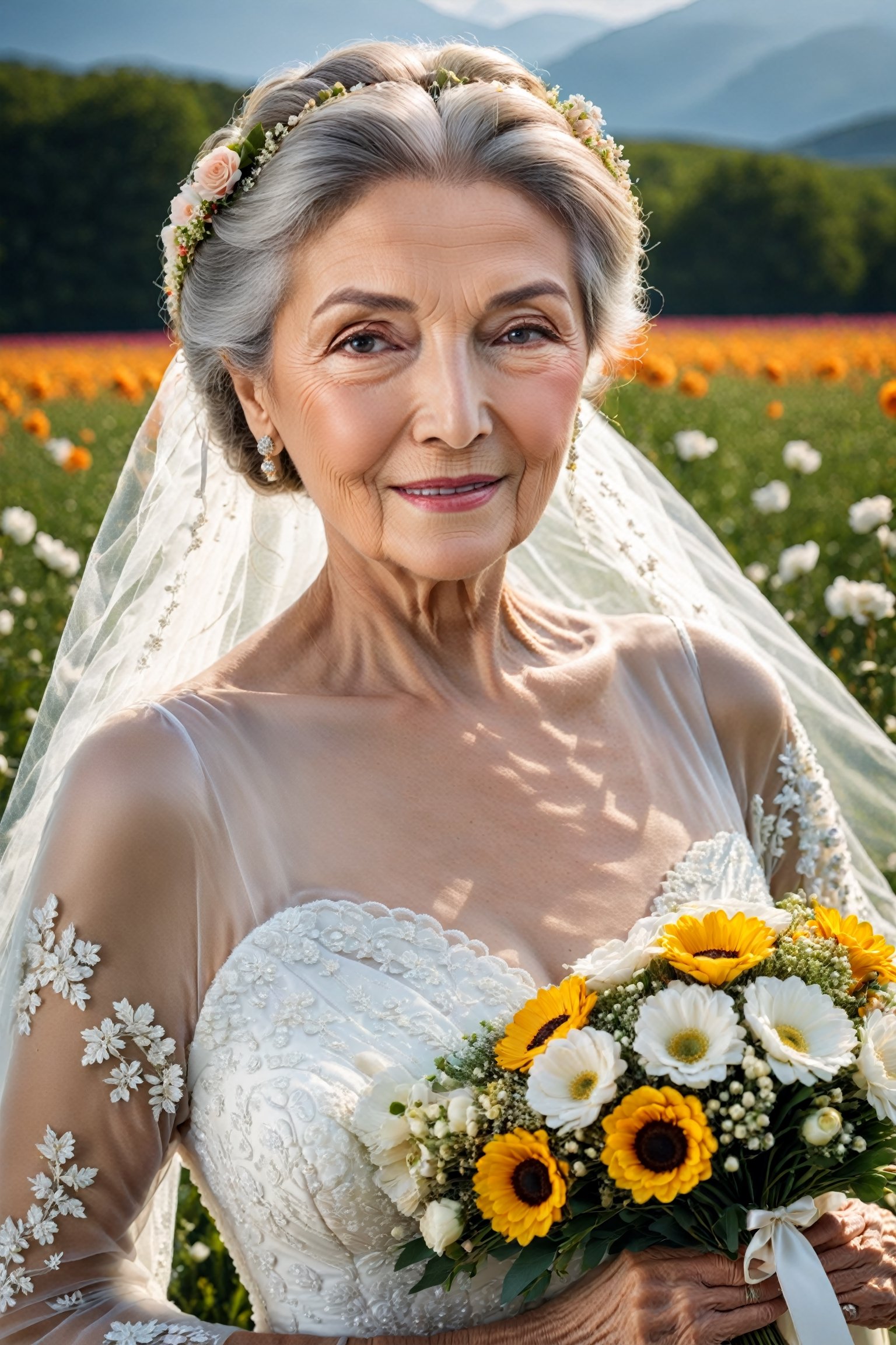 (Masterpiece and highly detailed:1.2), close up shot, upper body, centered, Instagram able, dynamic pose, (1grandma:1.5), bouquet of flower, wedding dress, Felled flowers, ultra realistic, professional, (Flower field background), (epic proportion, epic composition), Photography, studio lighting, Depth of field, Raw photo,