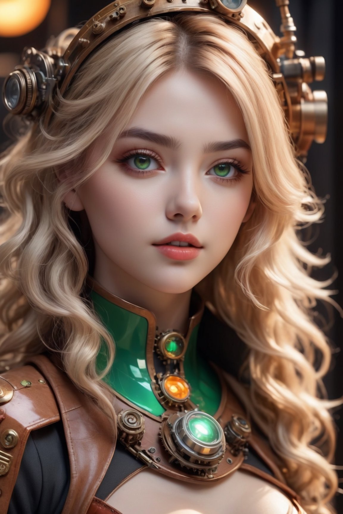 hyperdetailed steampunk spaceship interior, cinematic shot, upper body, centered, 100mm lens, perfect angle, award winning, dynamic pose, intricate hyperdetailed best quality cute girl, blonde fluffy (wavy, ribbon) hair, hyperdetailed orange and green steampunk fantasy space suit, hyperdetailed face, gloss lips, (detailed beautiful red eyes, detailed mouth and lip, detailed face, expressive), cinematic lighting, volumetric lighting, studio lighting, neon light, global illumination, (depth of field:0.4, blur, bloom:0.2), reflection, neon reflection, soft shadow, contrast, vivid color, (Detailed, ultra detailed, finest detail, intricate),