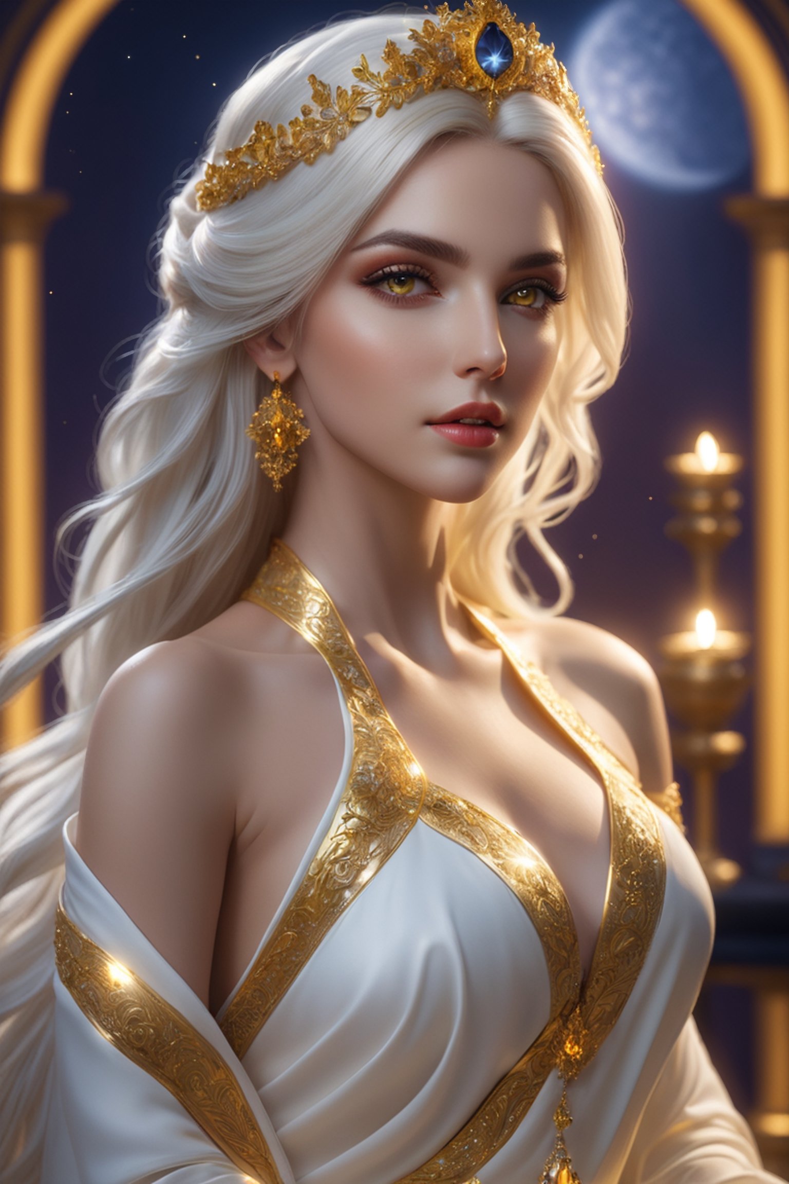 elegancegorgeousqueenazshara&readingspell\emotional\intence\pacion\grace, eyes+yellow+glowing, longwhitehair&sparkling, verylongreddressintricate&flowing, neoclassicarchitecture\background, Moonbeamslight, starlighting, epic composition, intricate surface detail, romangoddess-style, full body portrait, Ethereal Lighting, HSL, photorealistic, 8k, 1080p, sharp focus, depth focus, contemporary realism, hyperrealistic, ultra-quality, сomplicated, award winning art style 