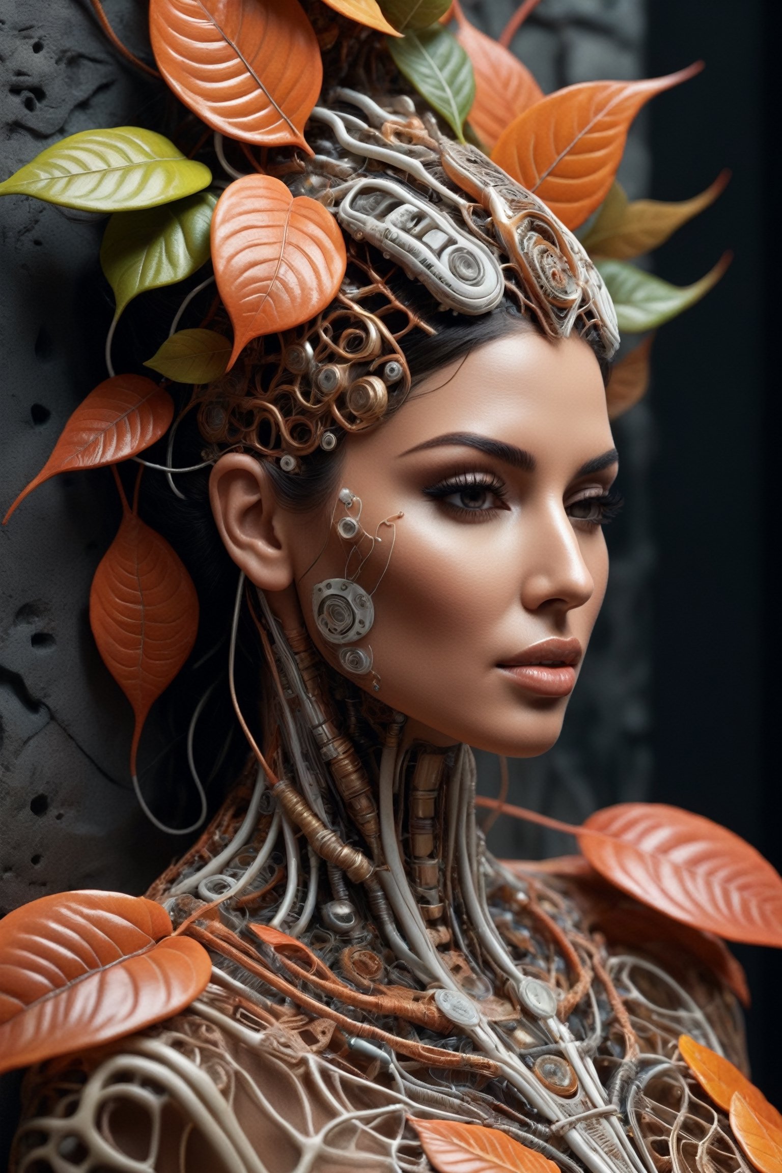 Face coming out of a wall complex 3d render ultra detailed of a beautiful porcelain profile kim kardashians face, biomechanical cyborg, analog, 150 mm lens, beautiful natural soft rim light, big leaves and stems, roots, fine foliage lace, colorful details, massai warrior, alexander mcqueen high fashion haute couture, pearl earring, art nouveau fashion embroidered, steampunk, intricate details, mesh wire, mandelbrot fractal, anatomical, facial muscles, cable wires, microchip, elegant, hyper realistic, ultra detailed, octane render, h.r. giger style, volumetric lighting, 8k post-production