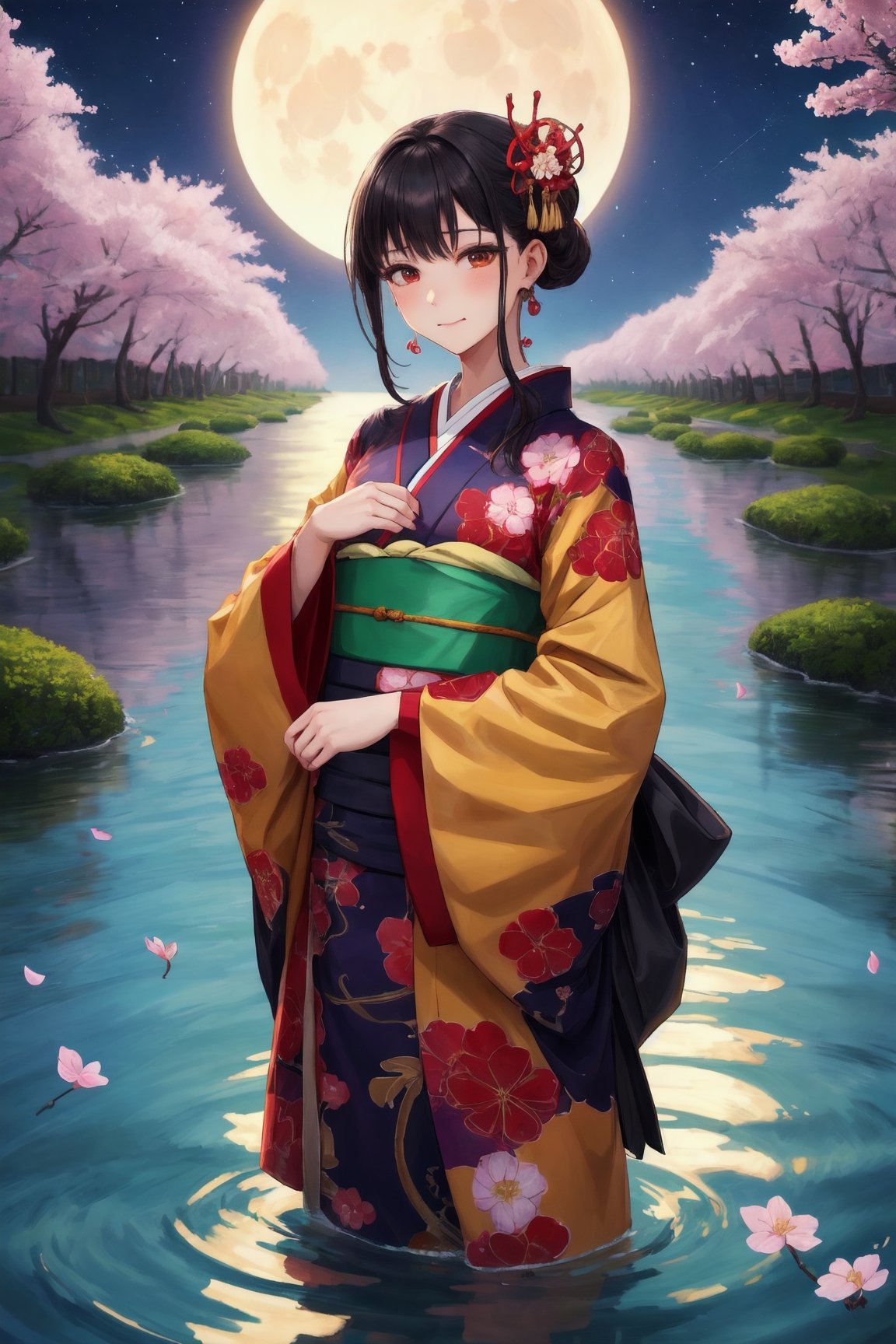 (masterpece:1.3),(best quality:1.3),stunningly beautiful girl,breathtaking,intricate details,absurdres,highres,ultra detailed,highest quality,amazing details,looking at viewer, water, moon, partially submerged, cherry blossoms, bad weather, 1girl,solo, standing, cowboy shot, kimono, east asian architecture, black hair, closed mouth,
,Kitagawa marin 