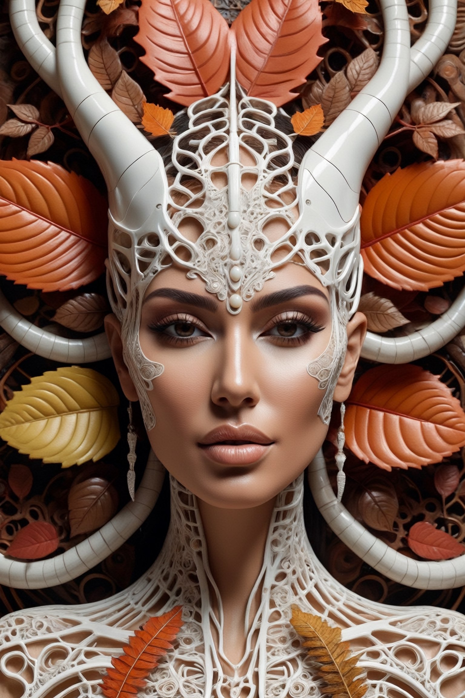 Face coming out of a wall complex 3d render ultra detailed of a beautiful porcelain profile kim kardashians face, biomechanical cyborg, analog, 150 mm lens, beautiful natural soft rim light, big leaves and stems, roots, fine foliage lace, colorful details, massai warrior, alexander mcqueen high fashion haute couture, pearl earring, art nouveau fashion embroidered, steampunk, intricate details, mesh wire, mandelbrot fractal, anatomical, facial muscles, cable wires, microchip, elegant, hyper realistic, ultra detailed, octane render, h.r. giger style, volumetric lighting, 8k post-production