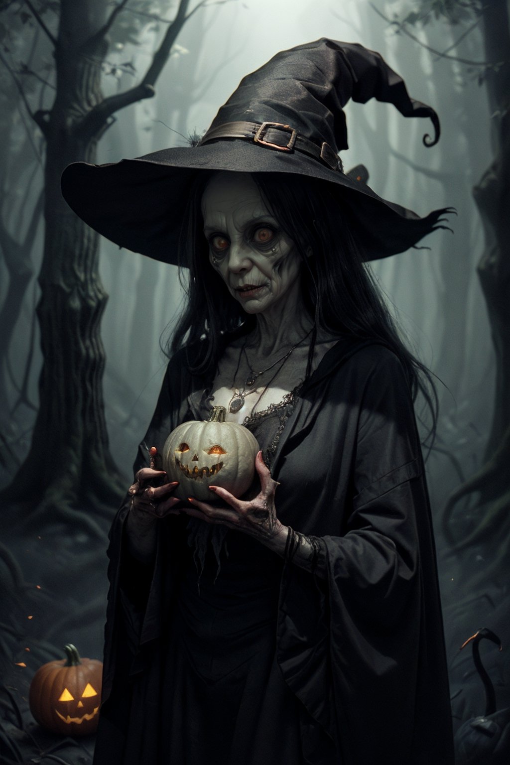 Best picture quality, n3n3k, looking at viewer, hat, witch hat, witch, black headwear, jewelry, necklace,rim light,,mysterious forest, anthropomorphic tree spirit, holding a pumpkin lantern, following a floating, cute little ghost, full of details,