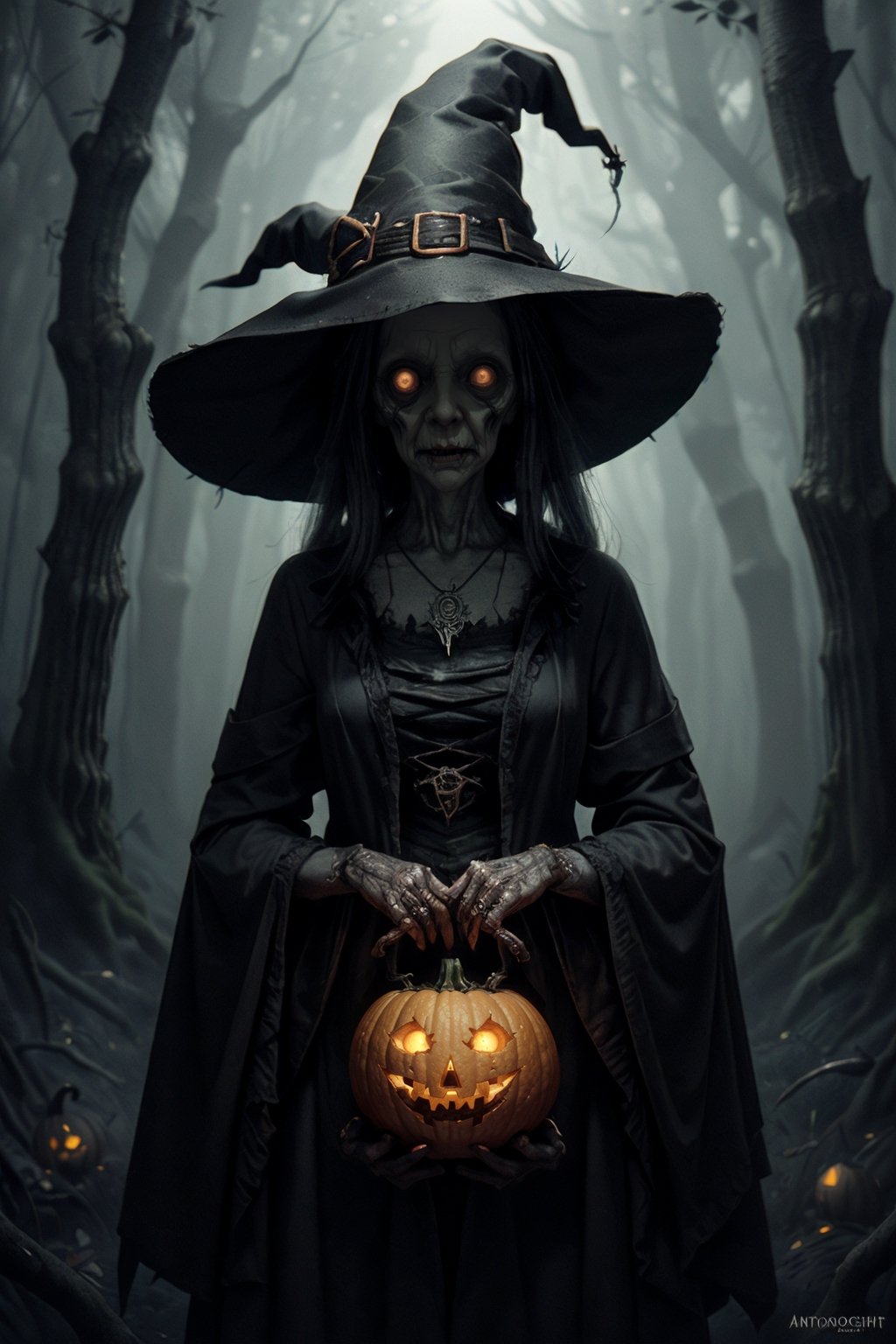 Best picture quality, n3n3k, looking at viewer, hat, witch hat, witch, black headwear, jewelry, necklace,rim light,,mysterious forest, anthropomorphic tree spirit, holding a pumpkin lantern, following a floating, cute little ghost, full of details,