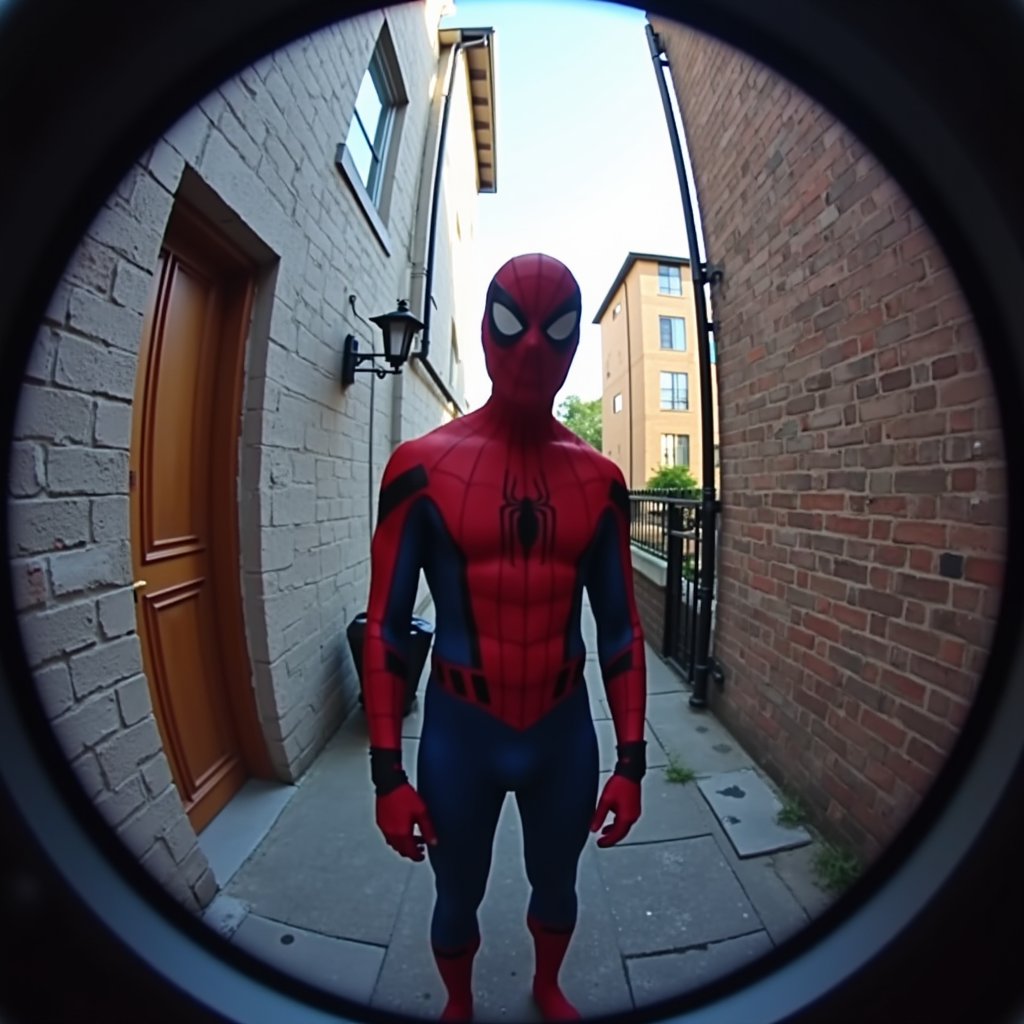 spider-man standing in the center of the image, doorbellCam