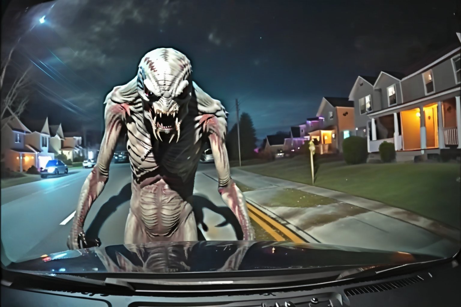 automobile dashcam view driving through a halloween night neighborhood, monster standing in the road, colored skin, gray skin, scales, solo, eyeless, claws, black teeth