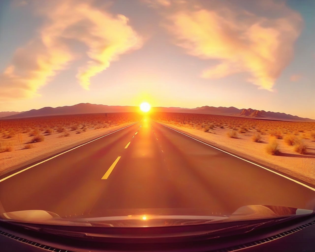 automobile dashcam view driving through a lonely desert highway at sunset