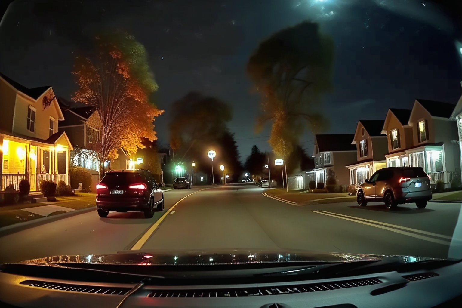 automobile dashcam view driving through a halloween night neighborhood