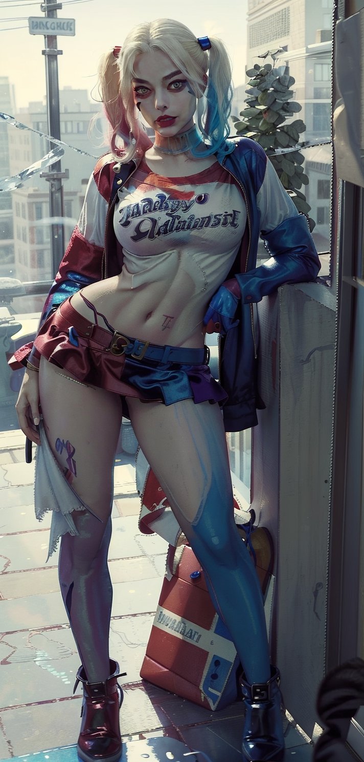 ((masterpiece, best quality)), harley quinn,margot robbie,mini skirt,sexy,curvy body,detailed face,perfect eyes,detailed hands,light background,mix of fantasy and realistic elements,vibrant manga,uhd picture , crystal translucency, vibrant artwork,hourglass body shape