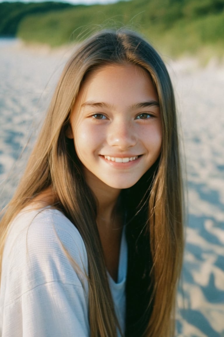 photo of a rich 17-year-old mixed with Chinese and Dutch girl model, living in Cape Cod, long beautiful hair, cute smile and face,  teenager, girly summer fashion, hazel eyes, Kodak ultra max disposable cinematic photography, soft lense