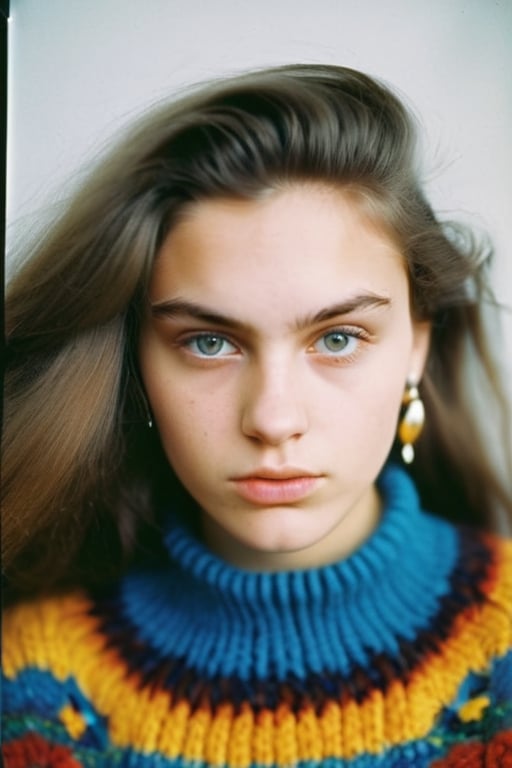 Kodak disposable camera photo of Slavic 19 years old woman, healthy voluminous hair, bored expression, hand-knit oversized chunky multicolor sweater, earrings