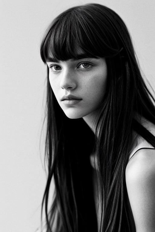 an editorial Photo of a 21-year-old, vogue high-fashion-model, with a bored/Neutral expression, MINIMALISTIC background, long hair with bangs, 2023 catalog, wearing monochromatic style, sitting, soft leNSE