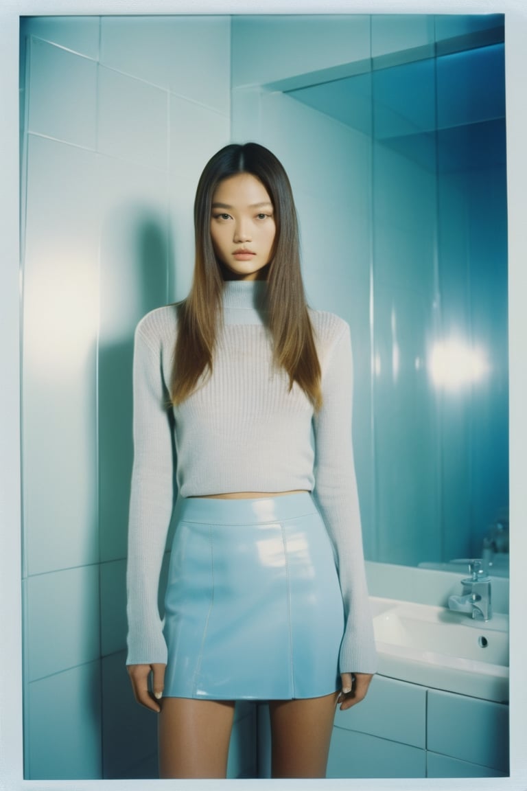 1999, minimalistic, futuristic, soft, Fashion Campaign, in a futuristic bathroom, of a 20-year-old model, Japanese, cute face, long hair, serious gaze, soft film, light grey long sleeve knit top, light grey knit skirt, dynamic pose, shot on Polaroid, 70mm, light blue tint, blue filter, blurred background, Gen X Soft Club,FilmGirl