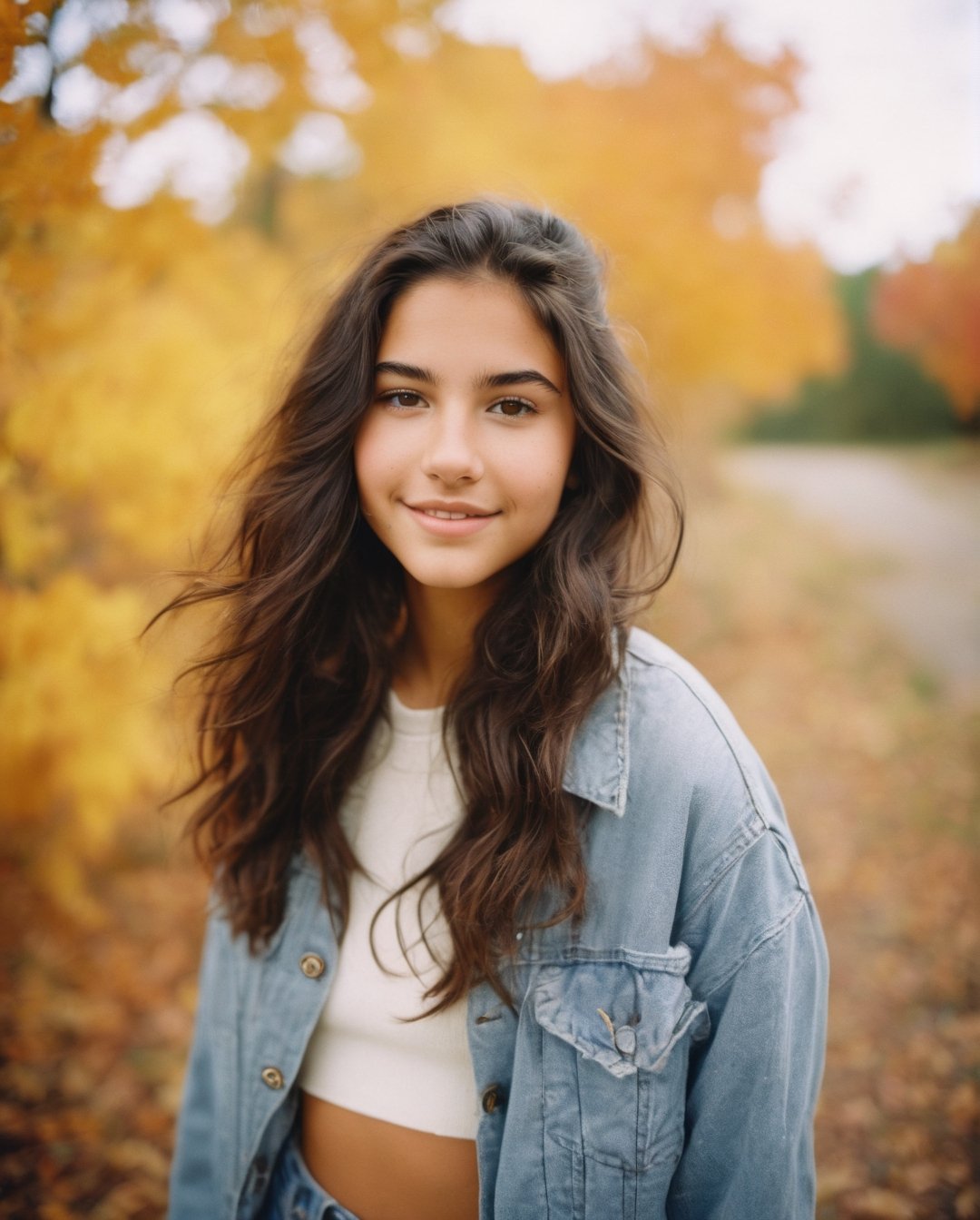 outdoor photoshoot-style studio photo of a 17-year-old mixed with, Mexican and Canadian Top-Shop model, with beautiful  dark hair, in a cute hairstyle, brown eyes, beauty marks, wearing female fall hipster apparel, dynamic versatile pose, happy expression, shot on Kodak Ektar 100, soft lense, mid-full length