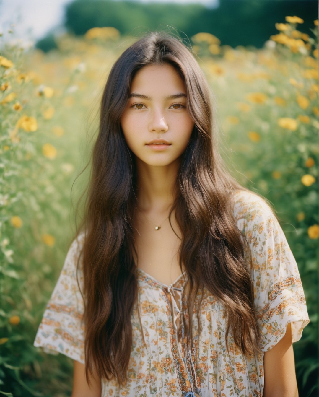 outdoor photoshoot-style studio photo of a 16-year-old mixed with, Korean and Polish Top-Shop model, with beautiful long dark brown hair, in a middle-parted hairstyle, brown eyes, beauty marks, wearing female summer hippie apparel, dynamic versatile pose, happy expression, shot on Kodak Ektar 100, soft lense, mid-full length