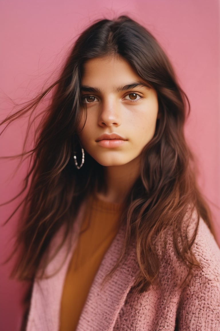 2016 Photo of a 16-year-old, mixed with Indian and White, Urban Outfitters model, with very long dark brown hair, hazel eyes, an alluring gaze, dynamic pose, pink background, mid-length shot, warm color tone, 35mm, shot on Kodak Ektar 100, realistic