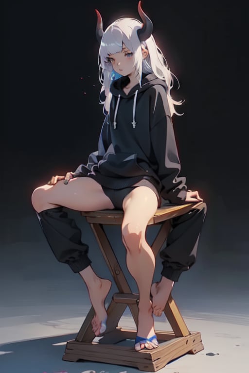 (masterpiece), (full body portrait), watercolor style, girl sitting down, a girl with long white hair with bangs, long black horns, very pale skin, wearing a black hoodie, dark background with skulls, highly detailed, realistic,Fechin,miji