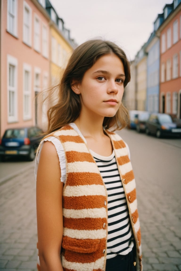 Copenhagen street photoshoot of a pretty 25-year-old girl, wearing a Stine Goya Noa striped vest, shot on Kodak Ektar 100, soft lens, warm color tones, masterpiece