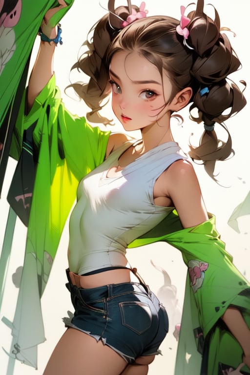 (midlength portrait), (masterpiece), (digital art), (hyper-detailed, anime, K-pop girl, magazine cover, model, beautiful girl, cute pigtails hairstyle, studio light, (2D), cartoon, imaginative, dynamic pose, modern fashion, jean shorts, cute face, oil painting style,Fechin