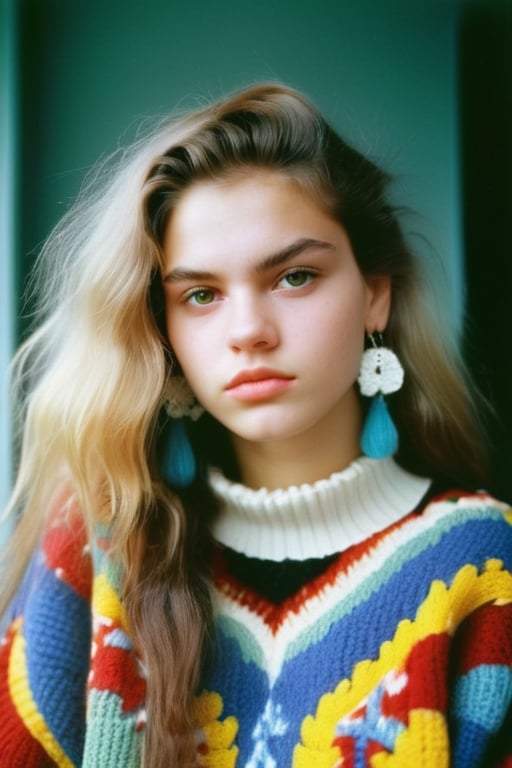 Kodak disposable camera photo of Slavic 19 years old woman, healthy voluminous hair, bored expression, hand-knit oversized chunky multicolor sweater, earrings