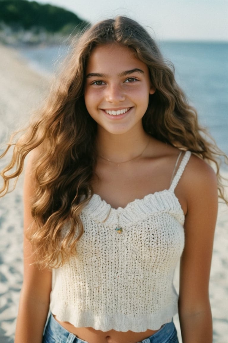 photo of a rich 18-year-old mixed with Brazilian and German girl model, living in Cape Cod, long beautiful wavy hair, cute smile and face,  teenager, girly summer hand-knit top, hazel eyes, Kodak ultra max disposable cinematic photography, soft lense