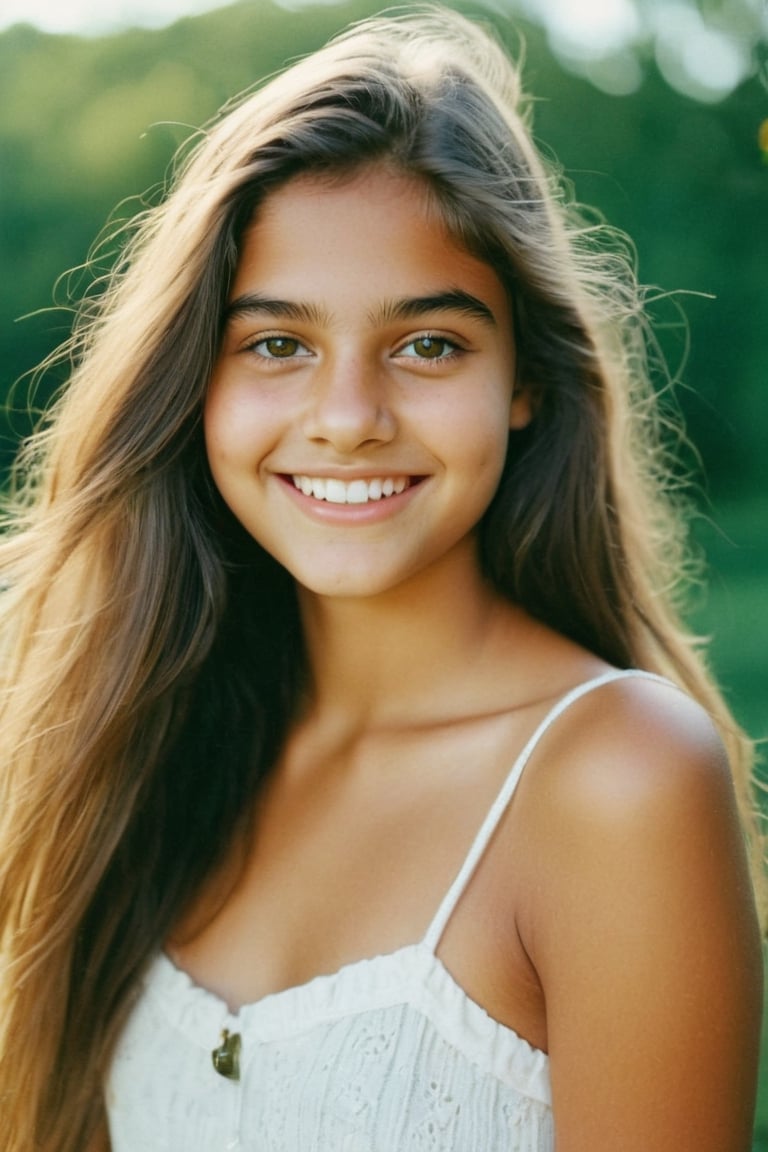 photo of a rich 17-year-old mixed with German and Indian girl model, living in Cape Cod, long beautiful hair, cute smile and face,  teenager, cute girly summer fashion, hazel eyes, Kodak ultra max disposable cinematic photography, soft lense