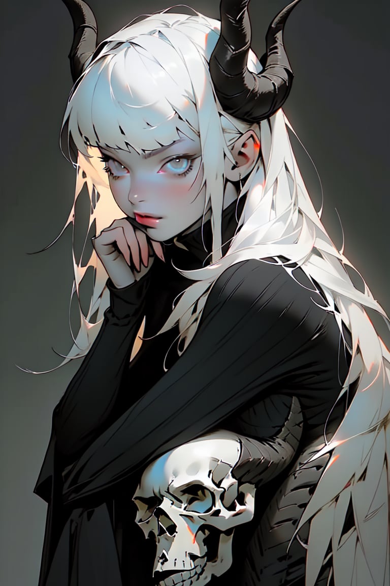 (masterpiece), (full body portrait), oil painting style, girl sitting down, hyper-detailed face, a girl with long white hair with bangs, long black horns, very pale skin, wearing a black hoodie, dark background with skulls, highly detailed, realistic,Fechin