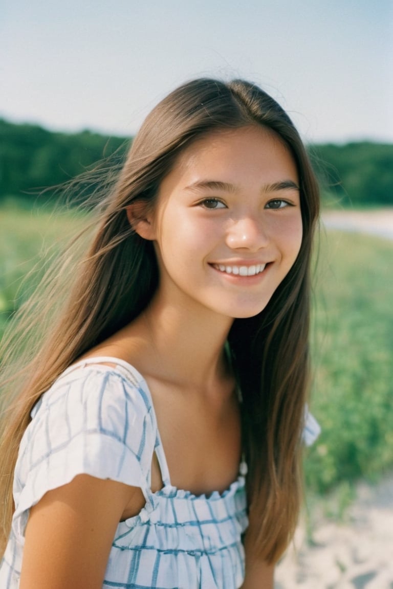 photo of a rich preppy 17-year-old mixed with Chinese and German girl model, living in Cape Cod, long beautiful hair, cute smile and face,  teenager, girly summer fashion, hazel eyes, Kodak ultra max disposable cinematic photography, soft lense