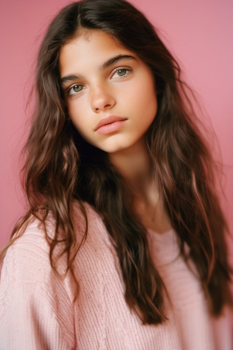 2014 Photo of a 16-year-old, mixed with Indian and White, Brandy Melville model, with very long dark brown hair, hazel eyes, an alluring gaze, dynamic pose, pink background, mid-length shot, warm color tone, 35mm, shot on Kodak Ektar 100, realistic