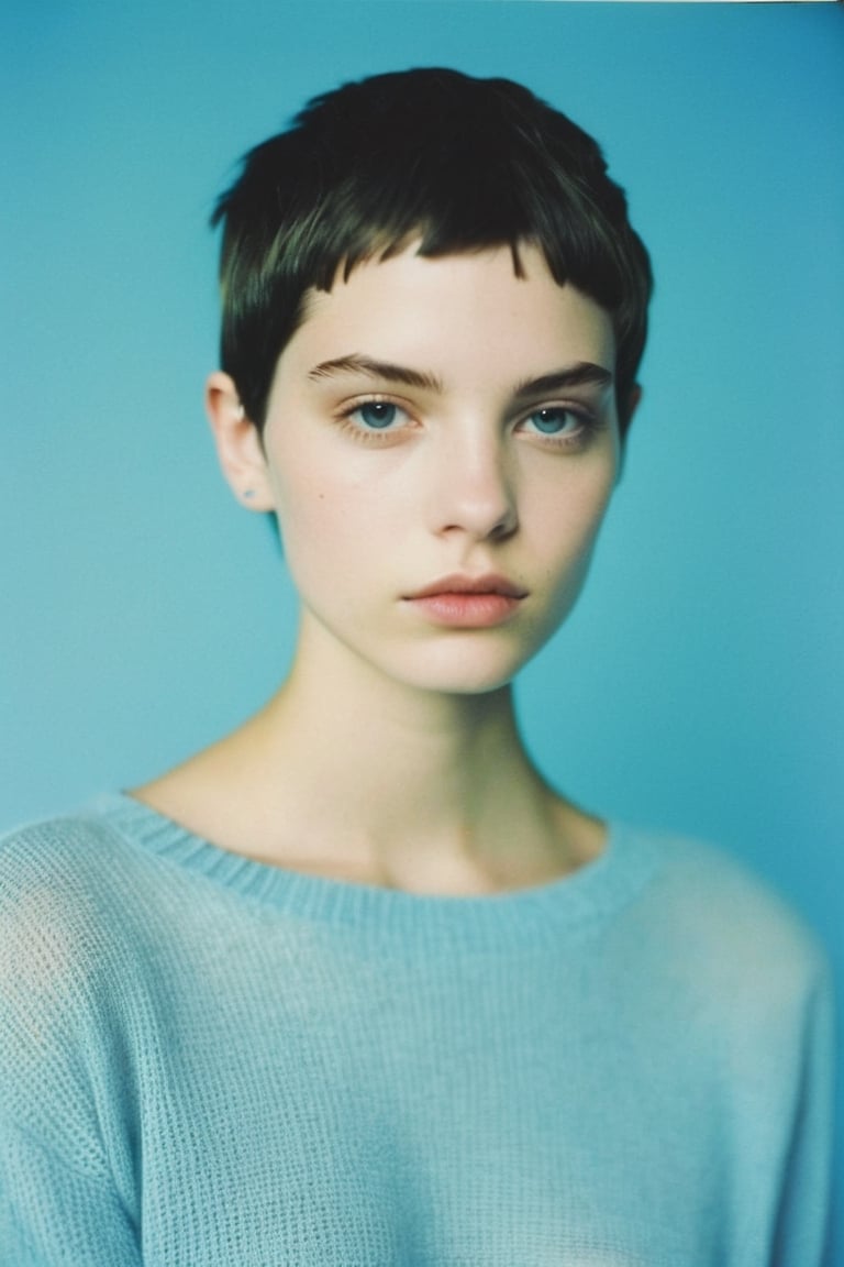 1999, minimalistic, futuristic, soft Photoshoot, of a 20-year-old Urban Outfitters model, an androgynous woman, mixed with Swedish and French, cute face, 90's woman short haircut, serious gaze, soft film, wearing a long sleeve grey knit top, shot on Polaroid Disposable film, light blue tint, blue filter, blurred background, Gen X Soft Club Aesthetic