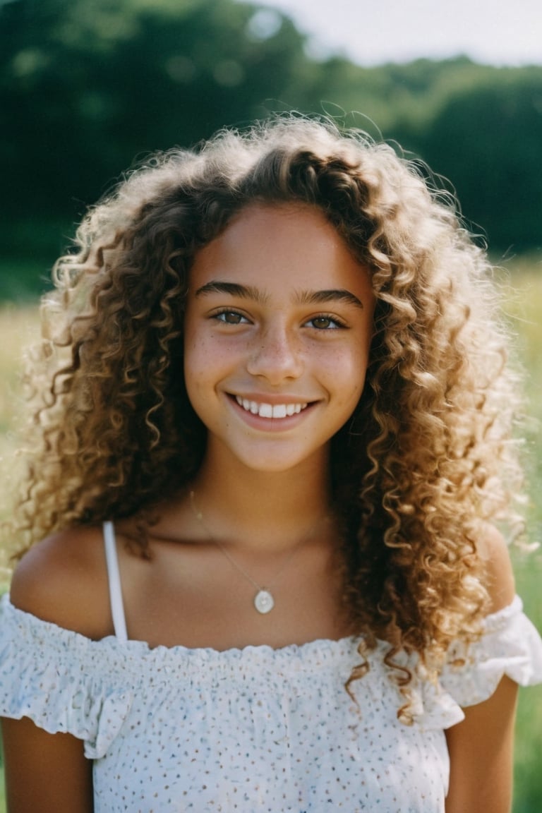 photo of a rich 17-year-old mixed with German and Black girl model, living in Cape Cod, long beautiful curly hair in a middle part, cute smile and face,  teenager, cute girly summer fashion, hazel eyes, freckles, Kodak ultra max disposable cinematic photography, soft lense