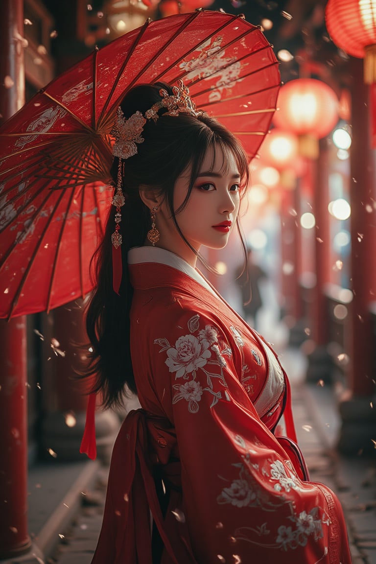 photorealism, (upper body), (portrait:1.2), KOLNB,Hanfu,Eroflo, a woman, beautiful face, red dress, japanese umbrella, bokeh, Chinese festival street, (nigh street:1.2), depth of field, columns, temple, lanterns.
Best quality, uhd, 8k, hyper detailed,Ahri