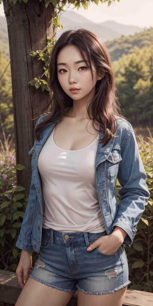 Exactly the image attached, Single Realistic 25 years old Beautiful young korean woman, shiny skin tone, lovely face, nice blushing cheeks, round lower lip, long shiny hair, nature background,floral denim, a meroon color tanktop, jacket,natural light,Sexy Pose, jacket should be perfectly wear