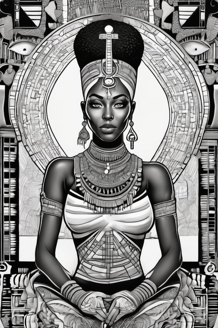 black woman, egyptian art, ankh, pyramid, djed,  illustration, black and white, clean, line art, fractal art, sacred geometry, black and white, adult black and white coloring book style, 432hz cymatics, kemet, african meditation, 7 energy chakras,Leonardo Style