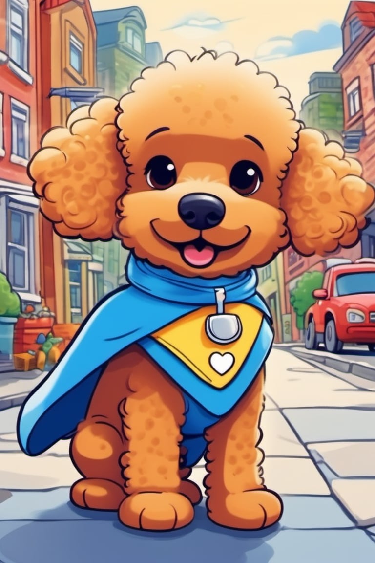 dog, a colorful town, a superhero poodle, wearing a bright blue cape, toothbrush best friend, flying around the town, sparkly blue cape, her toothpaste mask had a big, bright smile
,cute comic,cute dragon