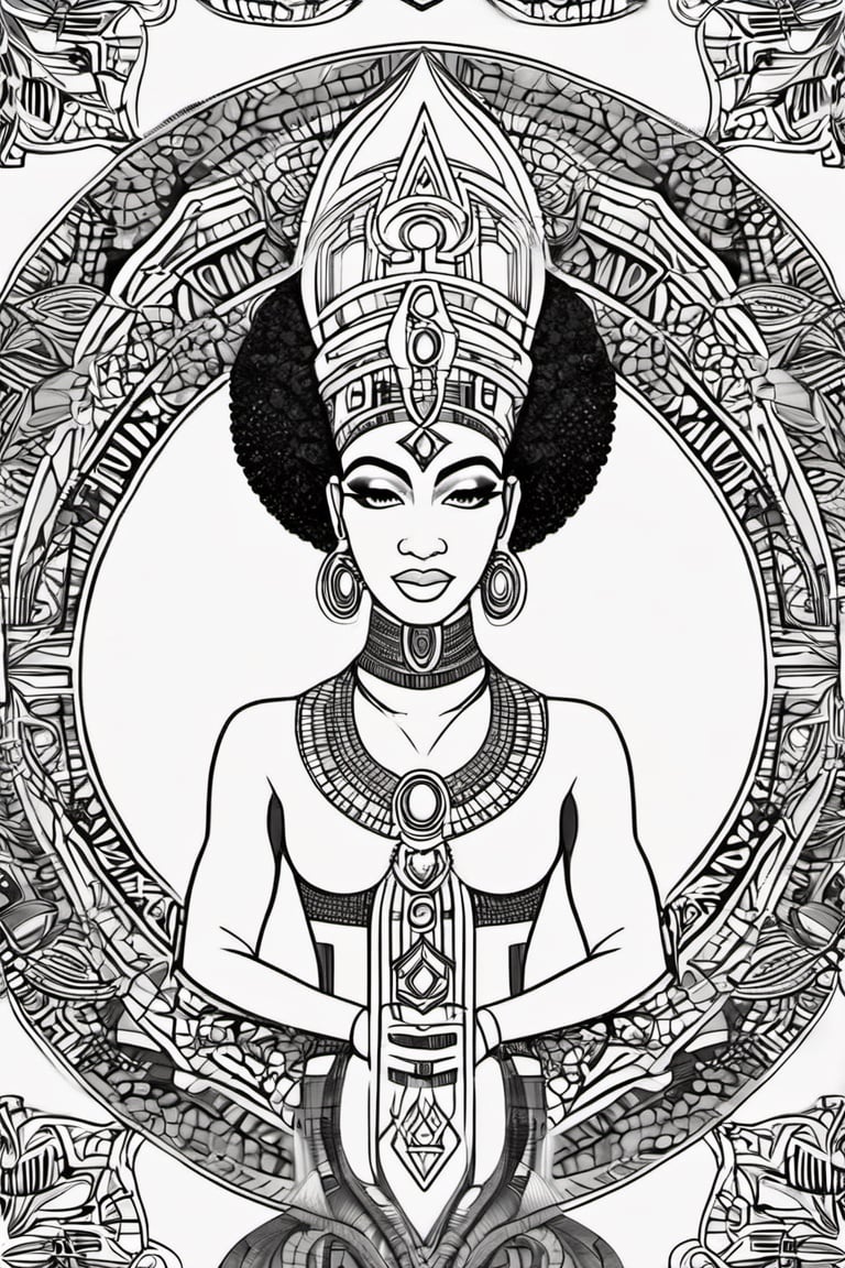 black and white comic book, cartoon illustration, coloring book page, black woman, egyptian art, ankh, pyramid, djed,  illustration,  black and white coloring book style, clean, line art, fractal art, sacred geometry, 432hz cymatics, kemet, african meditation, 7 energy chakras,3d style,tshirt design,gh3a,c0l0 style