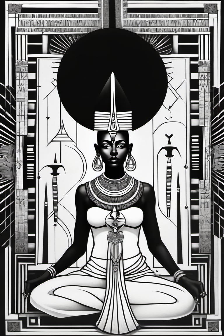 black woman, egyptian art, ankh, pyramid, djed,  illustration, black and white, clean, line art, fractal art, sacred geometry, black and white, adult black and white coloring book style, 432hz cymatics, kemet, african meditation, 7 energy chakras,Leonardo Style