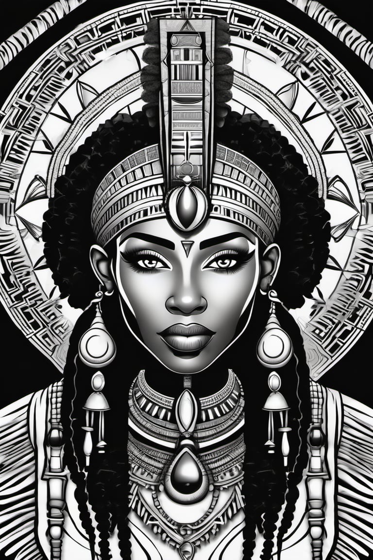 black woman, egyptian art, ankh, pyramid, djed,  illustration, black and white, clean, line art, fractal art, sacred geometry, black and white, adult black and white coloring book style, 432hz cymatics, kemet, african meditation, 7 energy chakras,Leonardo Style