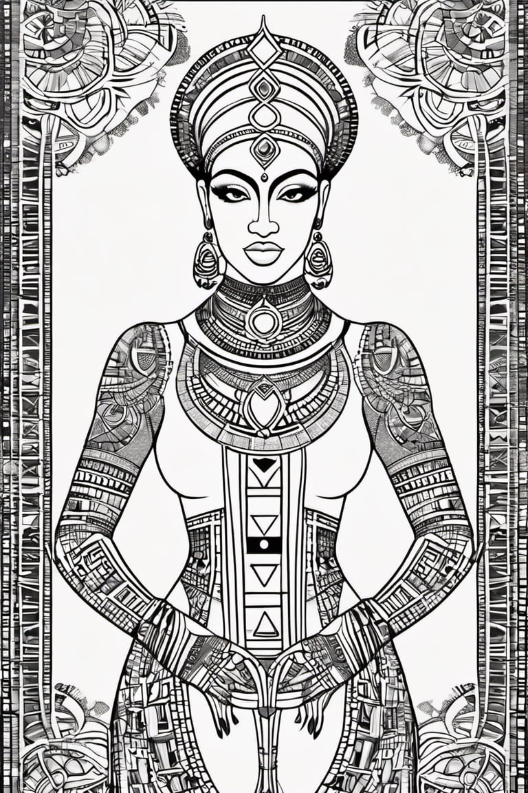 black and white comic book, cartoon illustration, coloring book page, black woman, egyptian art, ankh, pyramid, djed,  illustration,  black and white coloring book style, clean, line art, fractal art, sacred geometry, 432hz cymatics, kemet, african meditation, 7 energy chakras,3d style,tshirt design,gh3a,c0l0 style