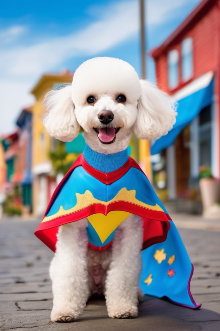 dog, a colorful town, a superhero poodle, wearing a special toothbrush cape and toothpaste mask, flying around the town, sparkly blue toothbrush cape, her toothpaste mask had a big, bright smile
