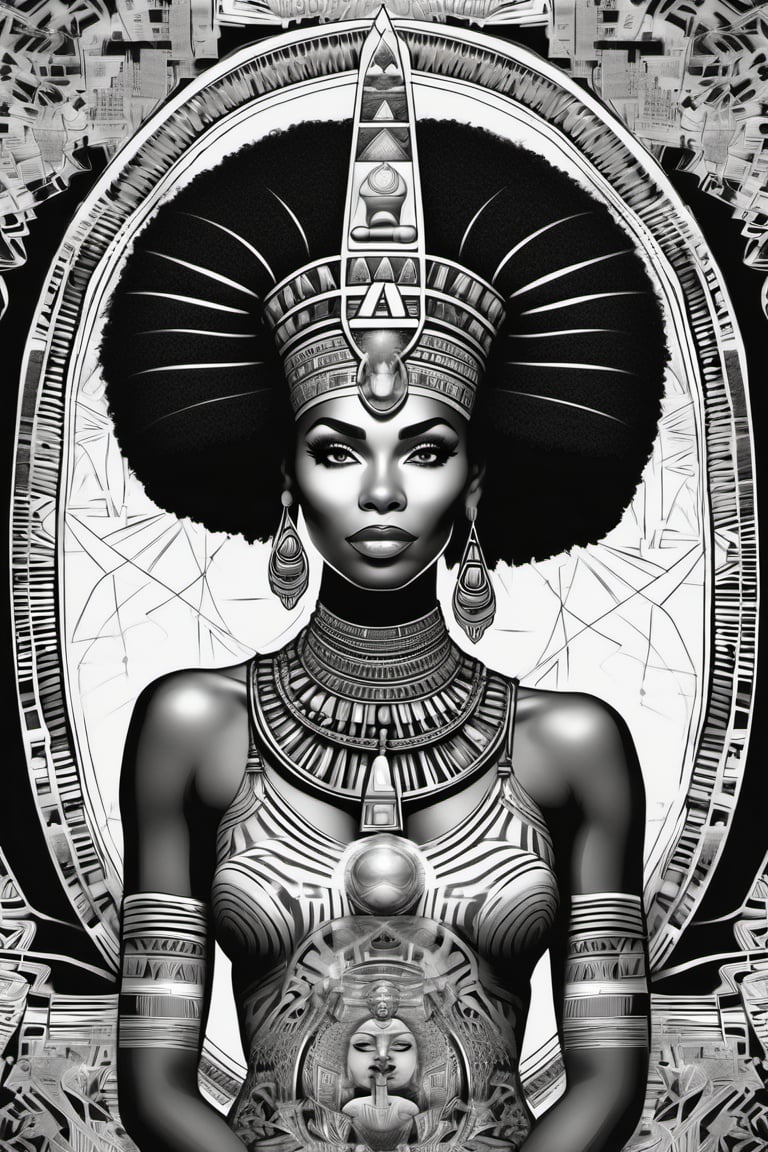 black woman, egyptian art, ankh, pyramid, djed,  illustration, black and white, clean, line art, fractal art, sacred geometry, black and white, adult black and white coloring book style, 432hz cymatics, kemet, african meditation, 7 energy chakras,Leonardo Style