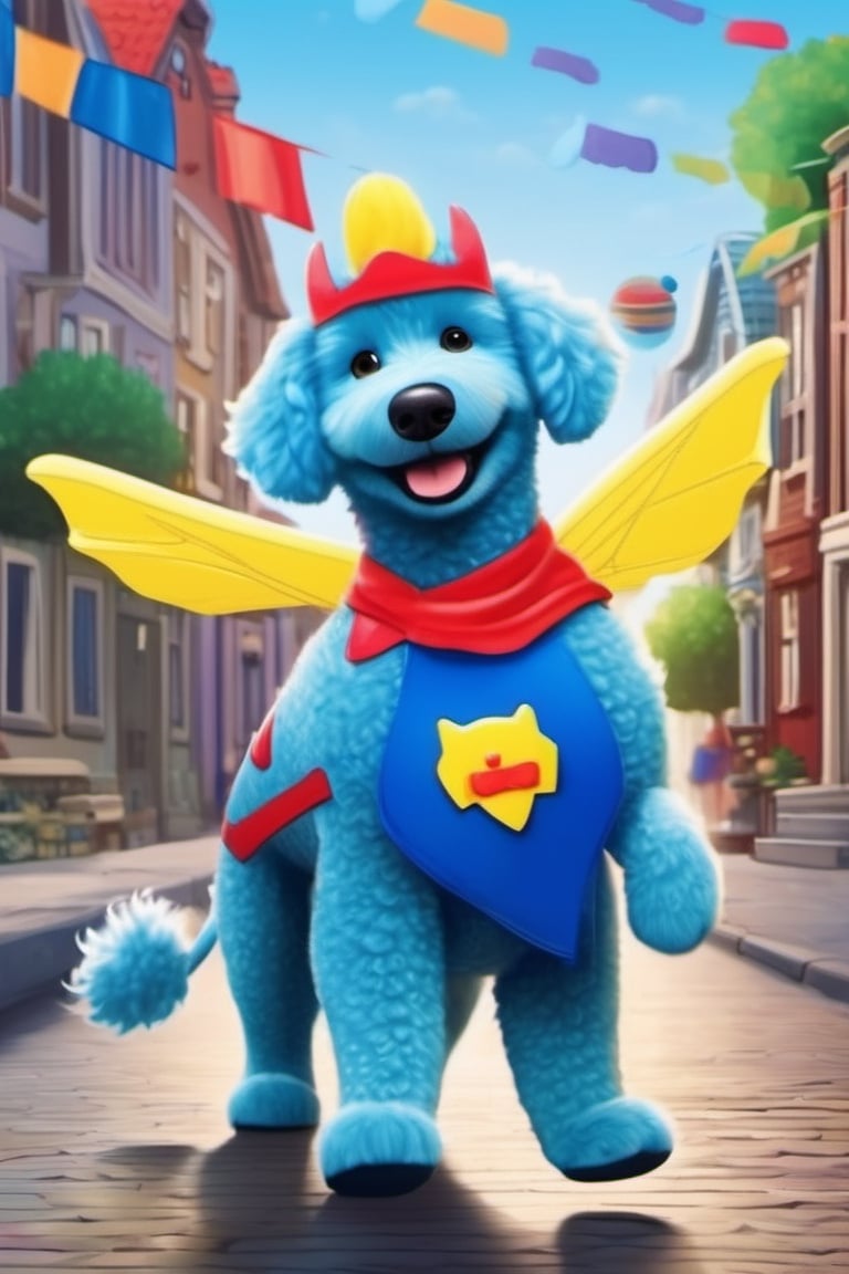 dog, a colorful town, a superhero poodle, wearing a special toothbrush cape and toothpaste mask, flying around the town, sparkly blue cape, her toothpaste mask had a big, bright smile
,cute comic,cute dragon