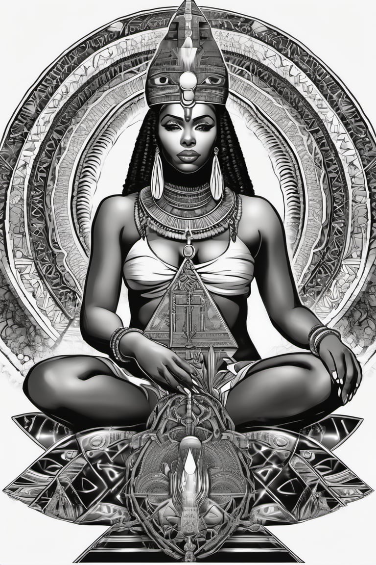 black woman, egyptian art, ankh, pyramid, djed,  illustration, black and white, clean, line art, fractal art, sacred geometry, black and white, adult black and white coloring book style, 432hz cymatics, kemet, african meditation, 7 energy chakras,Leonardo Style