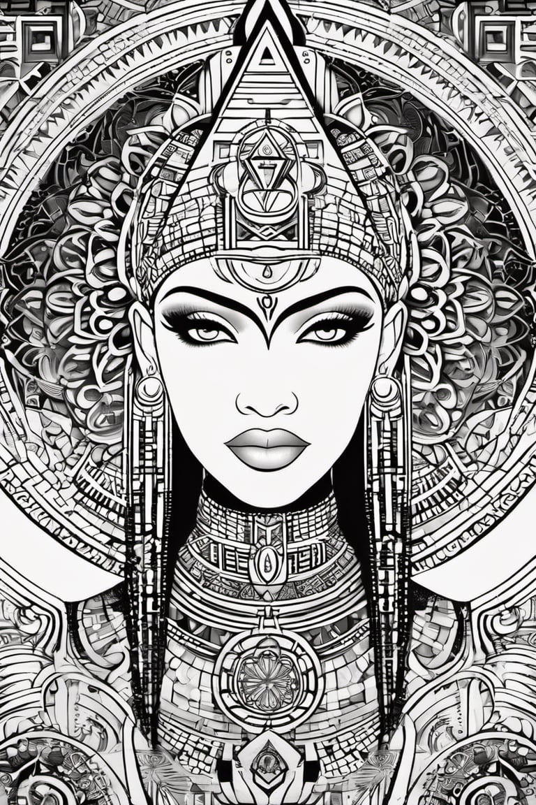 black and white comic book, cartoon illustration, coloring book page, black woman, egyptian art, ankh, pyramid, djed,  illustration,  black and white coloring book style, clean, line art, fractal art, sacred geometry, 432hz cymatics, kemet, african meditation, 7 energy chakras,3d style,tshirt design,gh3a,c0l0 style,lofi