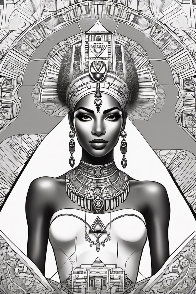 black and white comic book, cartoon illustration, coloring book page, black woman, egyptian art, ankh, pyramid, djed,  illustration,  black and white coloring book style, clean, line art, fractal art, sacred geometry, 432hz cymatics, kemet, african meditation, 7 energy chakras,3d style,tshirt design,gh3a,c0l0 style,lofi